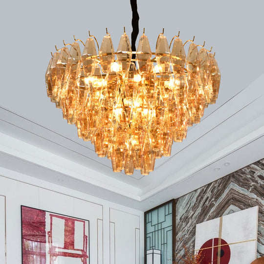 Modern Amber Glass Cone Hanging Ceiling Light With 7/9 Heads - Perfect Chandelier For Living Room
