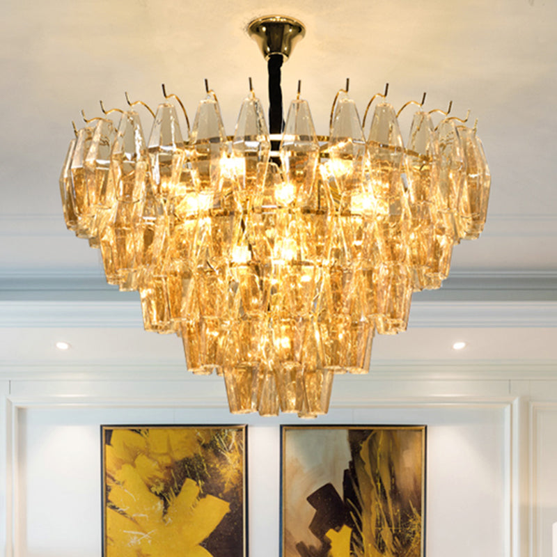 Modern Amber Glass Cone Hanging Ceiling Light With 7/9 Heads - Perfect Chandelier For Living Room