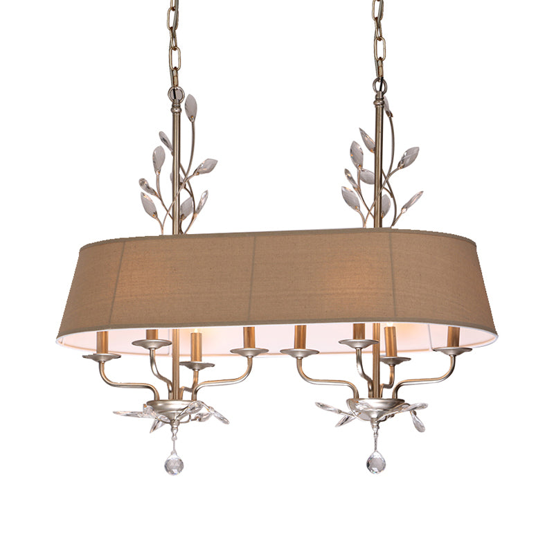 Traditional Flaxen Fabric Pendant Lamp With Crystal Accents - 8-Light Island Hanging Fixture