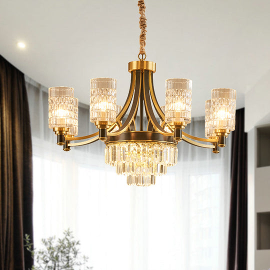 Textured Crystal Cylinder Hanging Light In Gold - 6/8 Head Postmodern Chandelier For Dining Room 8 /