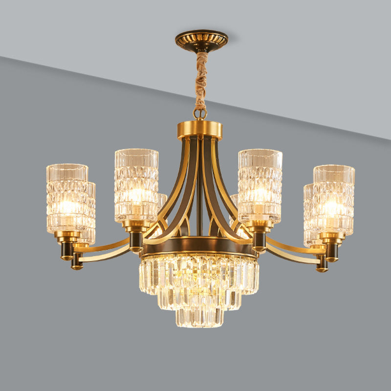 Gold Textured Crystal Chandelier with Cylinder Dining Room Hanging Light - Postmodern Style, 6/8 Heads