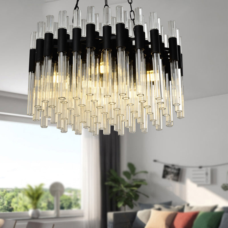 Modern Black Chandelier Light - 8-Light Hanging Lamp Kit with Crystal Drum Shade