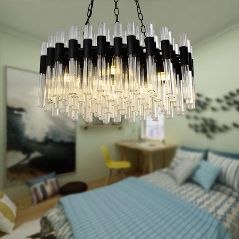 Modern Black Chandelier Light - 8-Light Hanging Lamp Kit with Crystal Drum Shade
