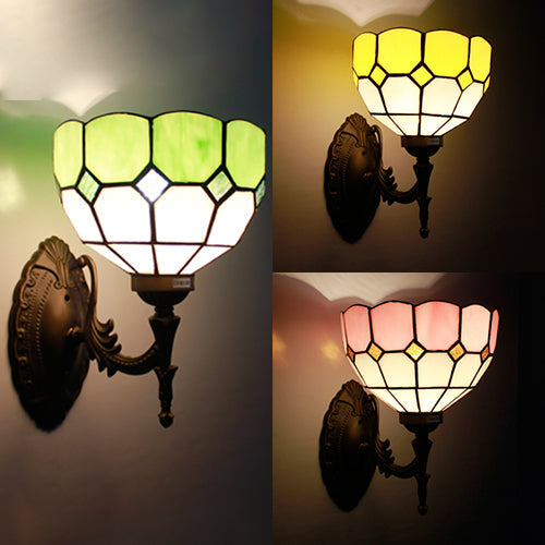Retro Scalloped Stained Glass Wall Light - 1 Fixture In Yellow/Pink/Green For Stairway