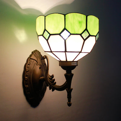 Retro Scalloped Stained Glass Wall Light - 1 Fixture In Yellow/Pink/Green For Stairway Green