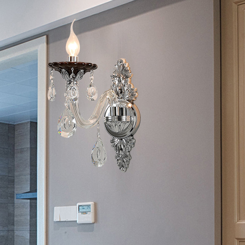 Modern Crystal Wall Sconce With Silver Candle Design - Ideal For Bedroom Lighting