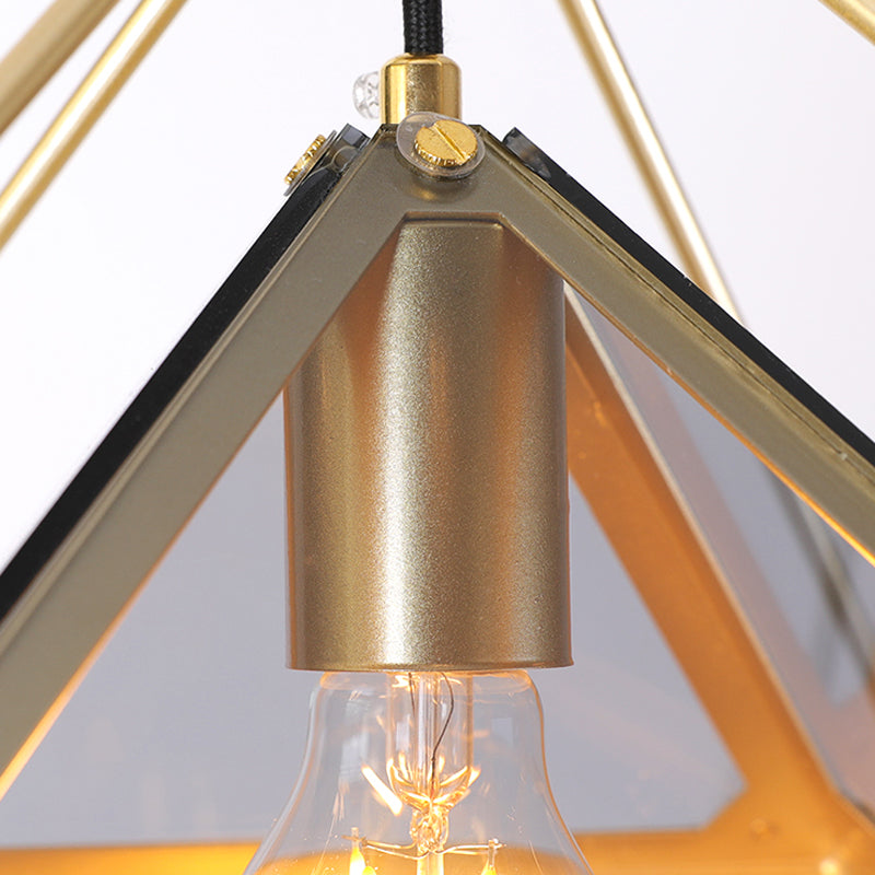 Black/Gold/Amber Glass Colonial Diamond Shape Ceiling Light Fixture - 1-Light Drop Pendant With Iron