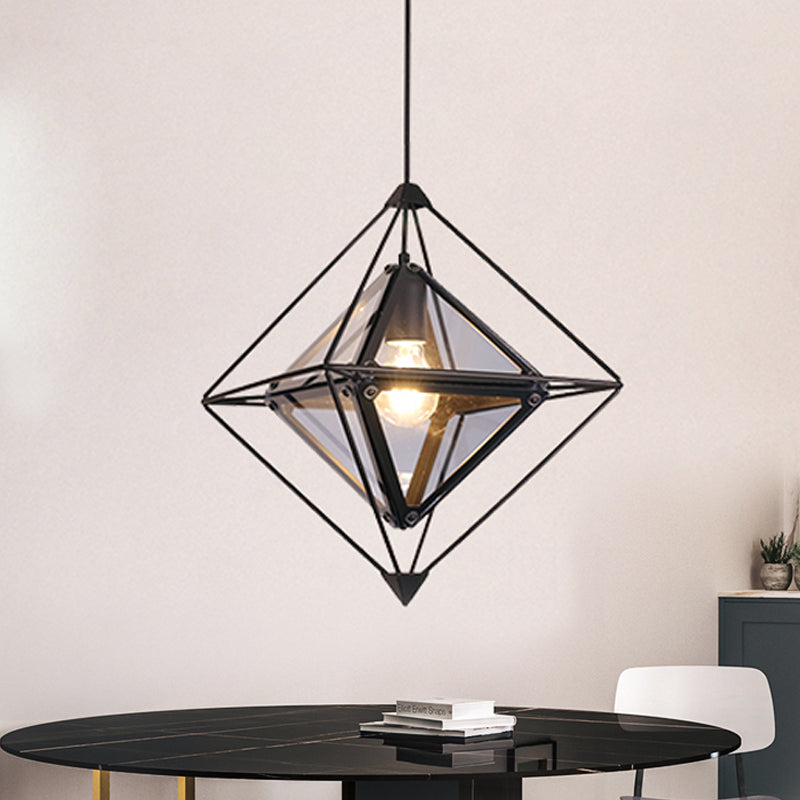 Black/Gold/Amber Glass Colonial Diamond Shape Ceiling Light Fixture - 1-Light Drop Pendant With Iron