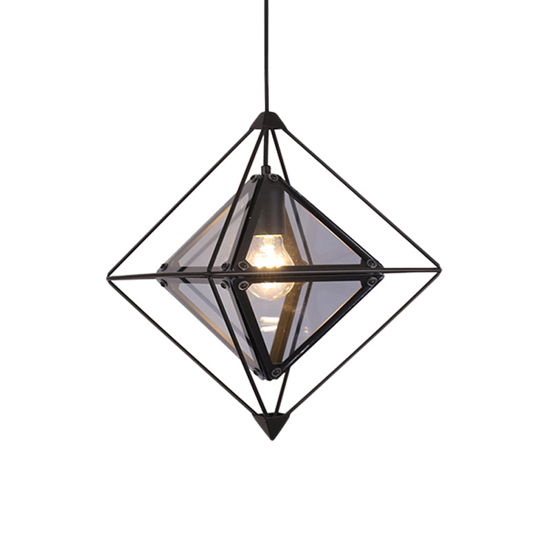 Black/Gold/Amber Glass Colonial Diamond Shape Ceiling Light Fixture - 1-Light Drop Pendant With Iron