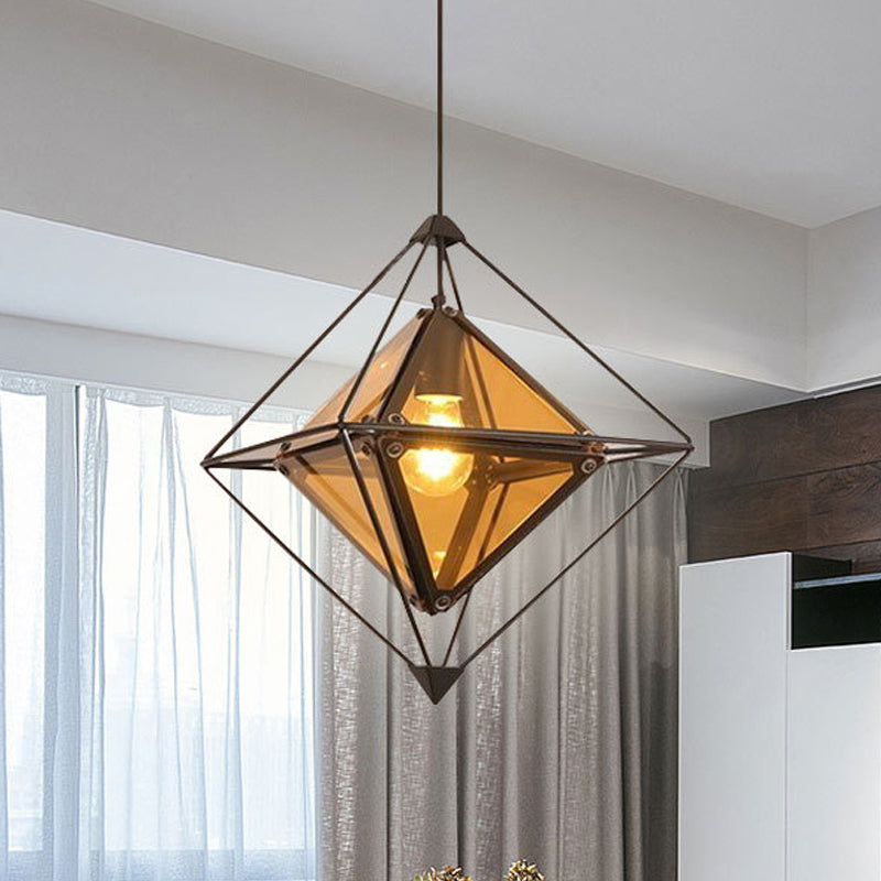 Black/Gold/Amber Glass Colonial Diamond Shape Ceiling Light Fixture - 1-Light Drop Pendant With Iron