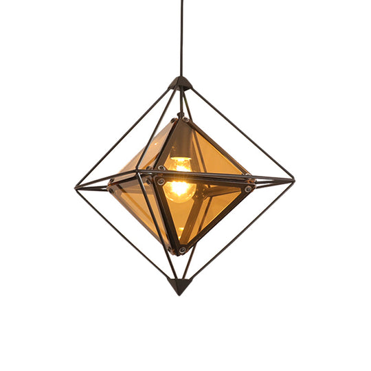 Black/Gold/Amber Glass Colonial Diamond Shape Ceiling Light Fixture - 1-Light Drop Pendant With Iron