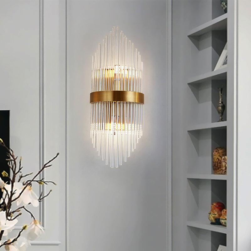 Postmodern Crystal Rod Shield Wall Mount Sconce Light For Living Room - Gold Finish 2/3 Heads 2 /