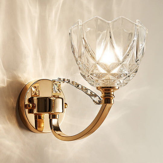 Postmodern Clear Glass Wall Mount Sconce Light With Crystal Accent - Gold Finish