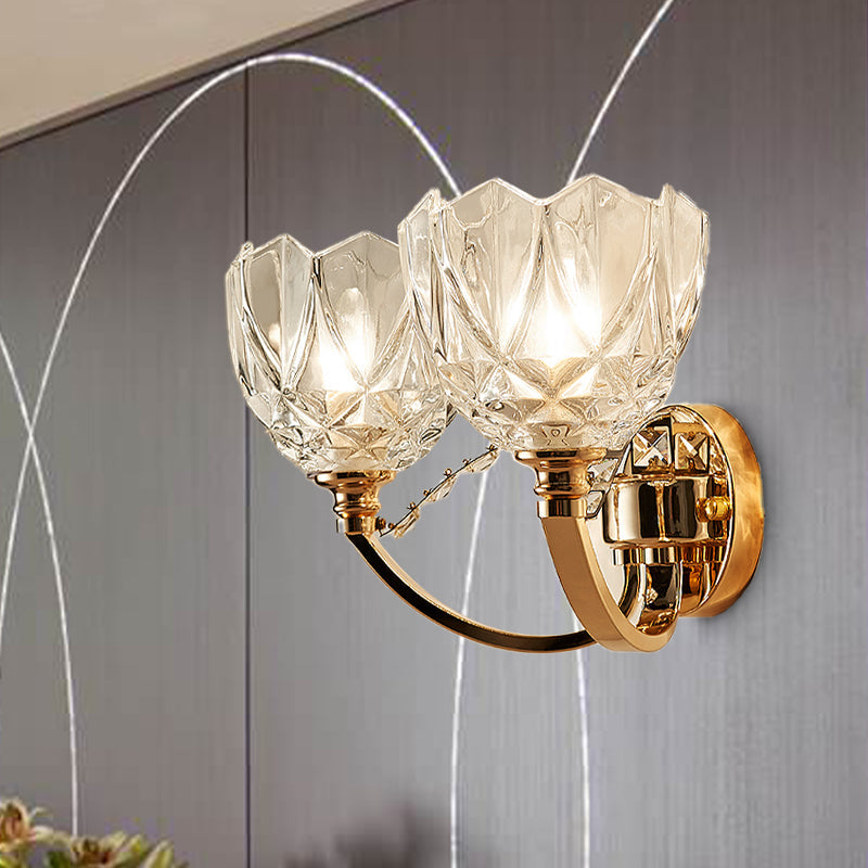 Postmodern Clear Glass Wall Mount Sconce Light With Crystal Accent - Gold Finish