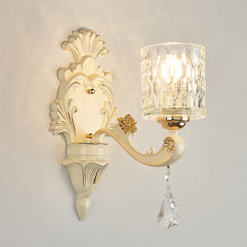 Modern Gold Wall Mount Cylinder Sconce Light With Clear Dimpled Glass Crystal Drop - 1/2 Heads 1 /