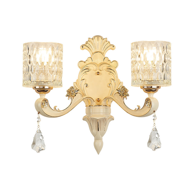 Modern Gold Wall Mount Cylinder Sconce Light With Clear Dimpled Glass Crystal Drop - 1/2 Heads