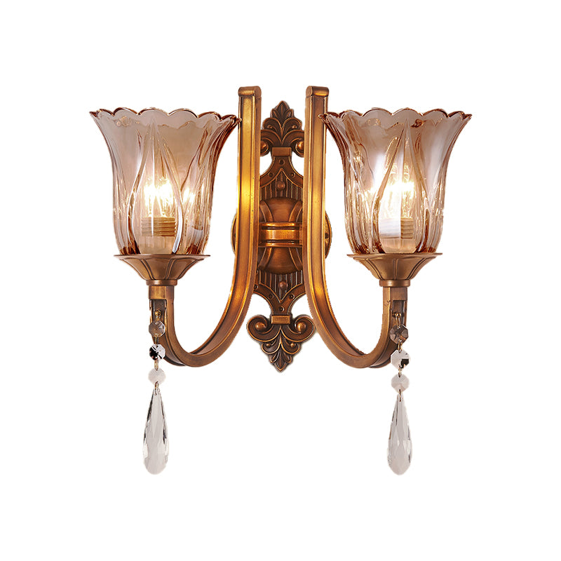 Vintage Cognac Glass Flower Wall Light With Brass Sconce Crystal Drop - 1/2 Heads