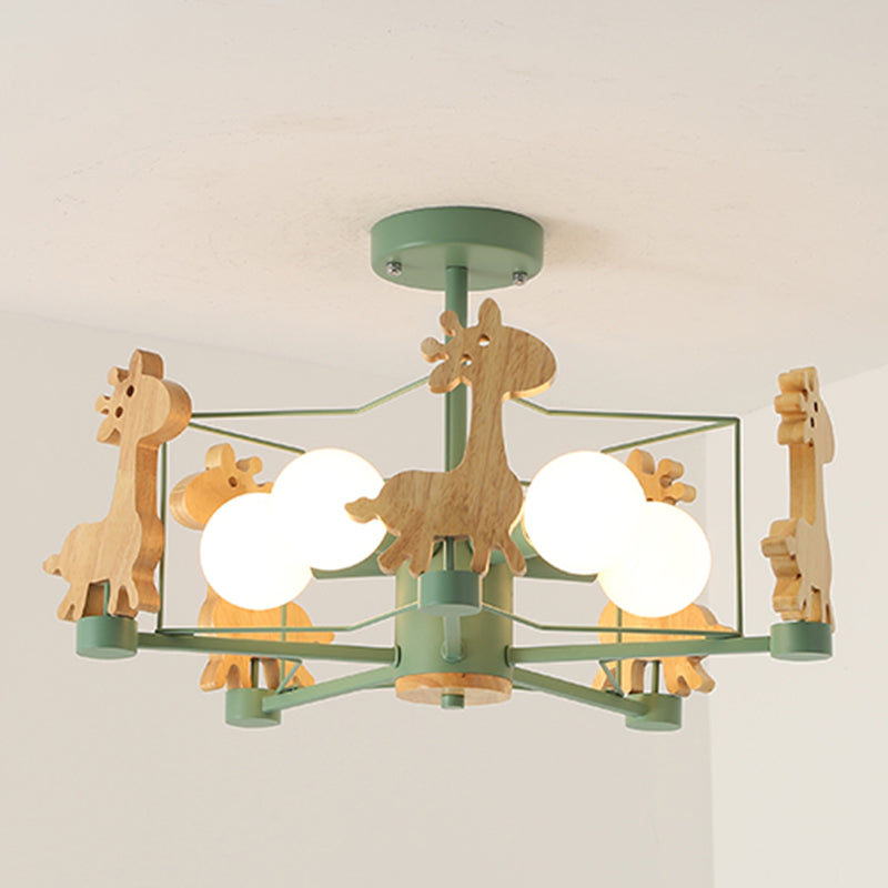 Cartoon Giraffe Wood Ceiling Light With 5-Light Semi Flush Mount - Perfect For Childrens Room Or