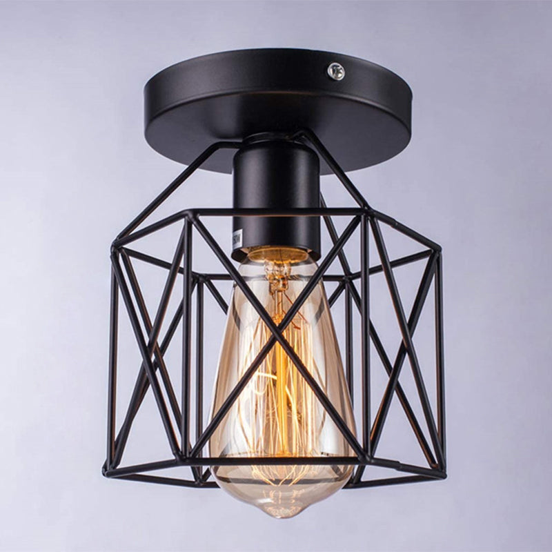 Retro Industrial Ceiling Light With Metal Frame Shade - Wrought Iron Flush-Mount Lamp In Black /