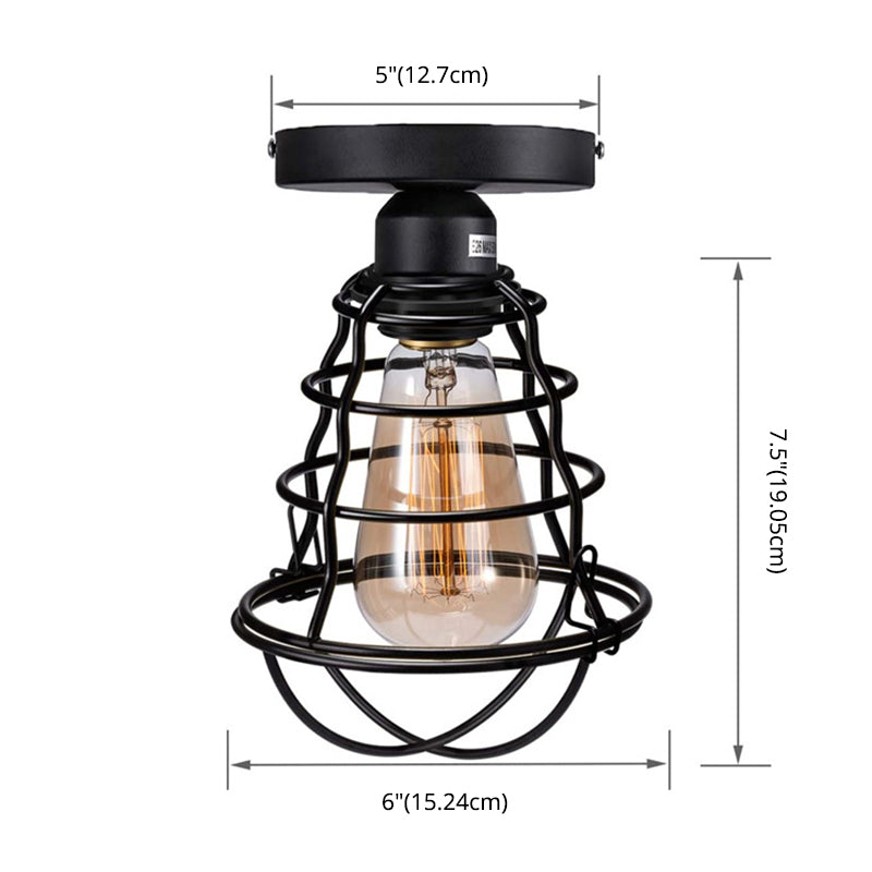 Retro Industrial Ceiling Light With Metal Frame Shade - Wrought Iron Flush-Mount Lamp In Black