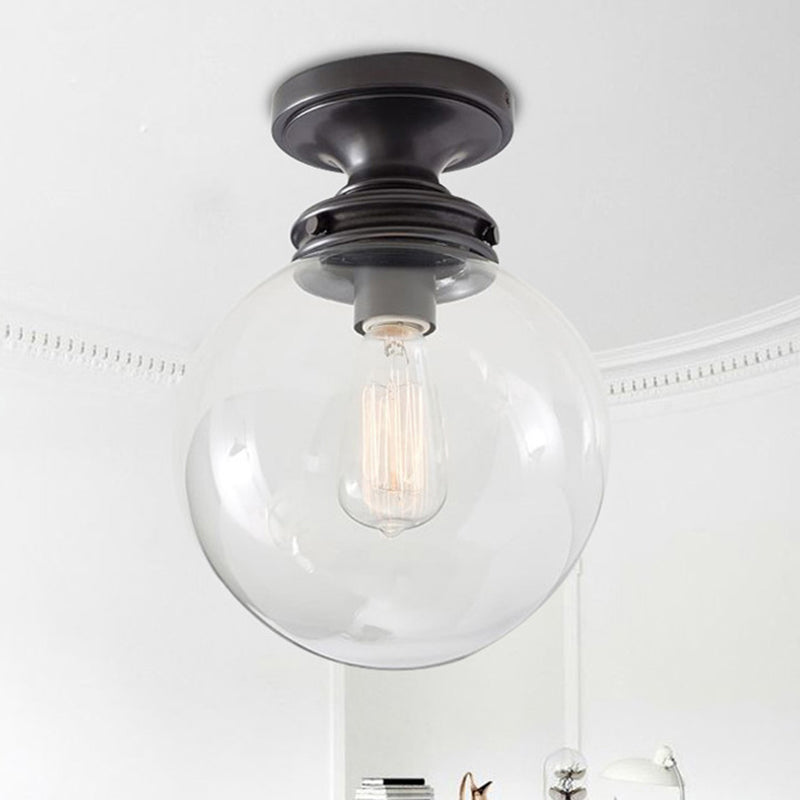 1-Light Black Industrial Ceiling Light With Clear Glass Shade - Round Flush-Mount Lamp For Cloth
