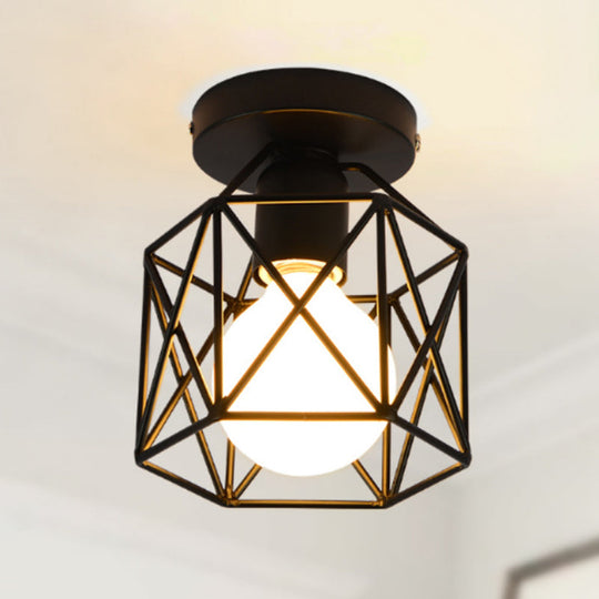 Retro Industrial Black Ceiling Light: Single Wire Frame Semi Flush For Kitchen