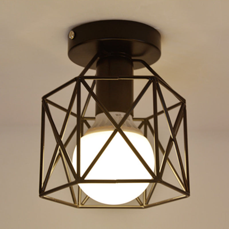 Retro Industrial Black Ceiling Light: Single Wire Frame Semi Flush For Kitchen