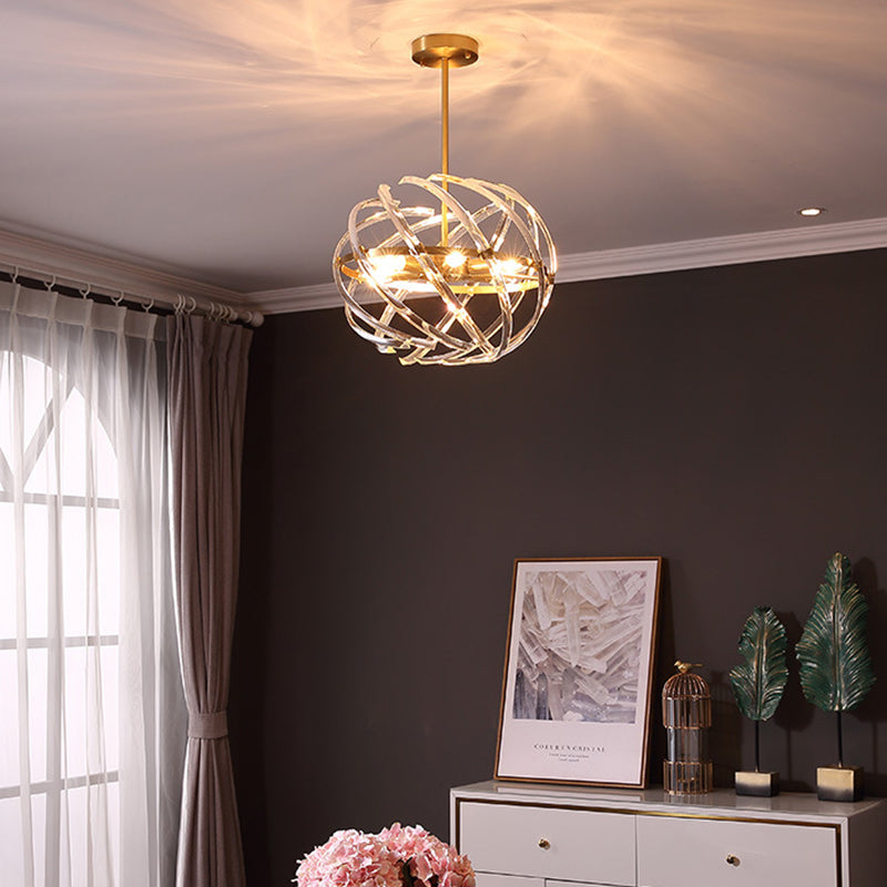 Postmodern 6-Head Bedroom Chandelier - Stylish Gold Hanging Light with Curved Crystal Shades