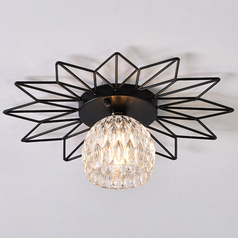 Modern Glass Ceiling Light With Sunflower Iron Decoration For Bedroom Semi Flush Mount Design