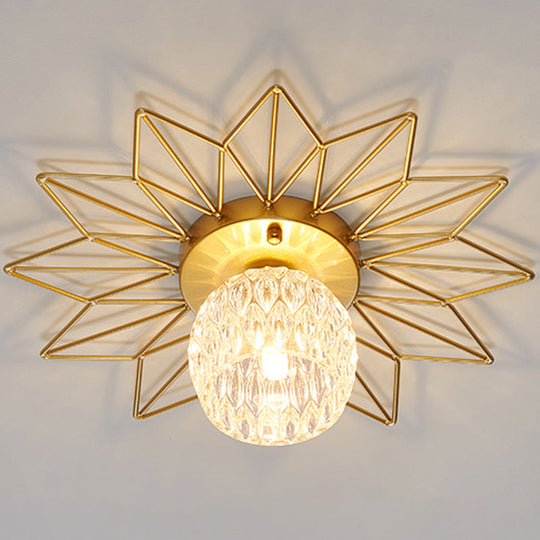 Modern Glass Ceiling Light With Sunflower Iron Decoration For Bedroom Semi Flush Mount Design