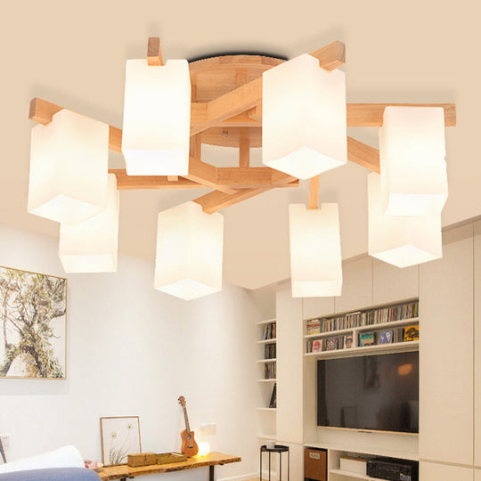 Milky White Glass Branch Ceiling Light - Modern Wood Finish Flush Mount Design