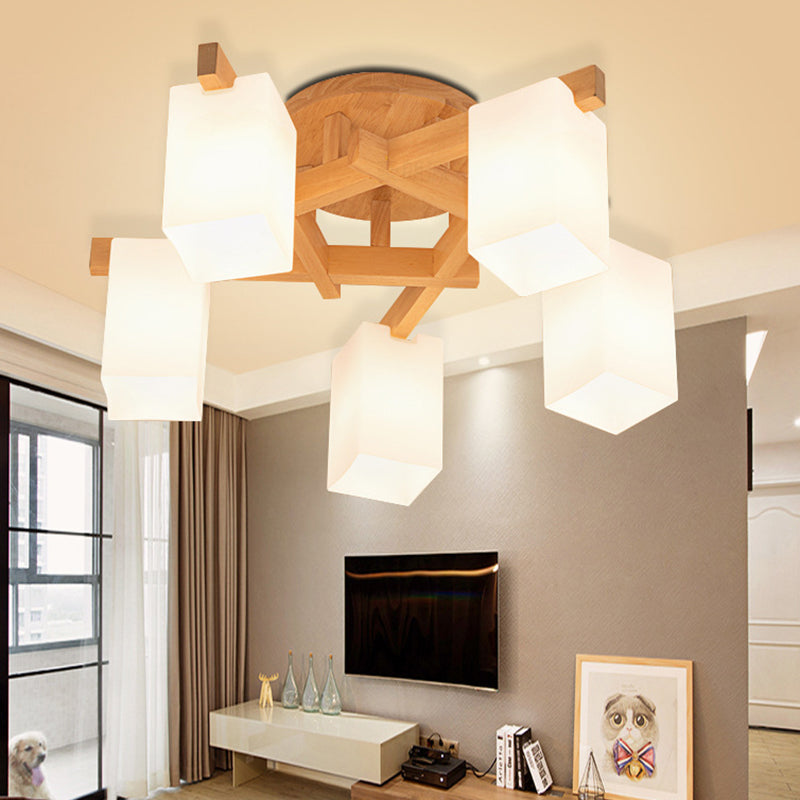 Milky White Glass Branch Ceiling Light - Modern Wood Finish Flush Mount Design