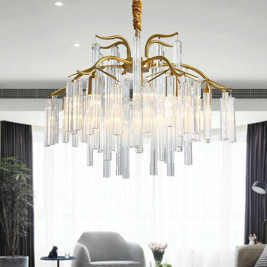 Postmodern Gold Curved Arm Chandelier with 7 Crystal Rod Heads - Tri-Sided Hanging Light Fixture