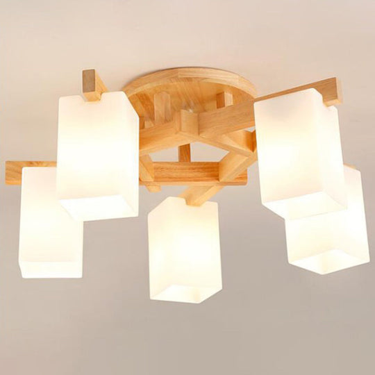 Milky White Glass Branch Ceiling Light - Modern Wood Finish Flush Mount Design 5 /