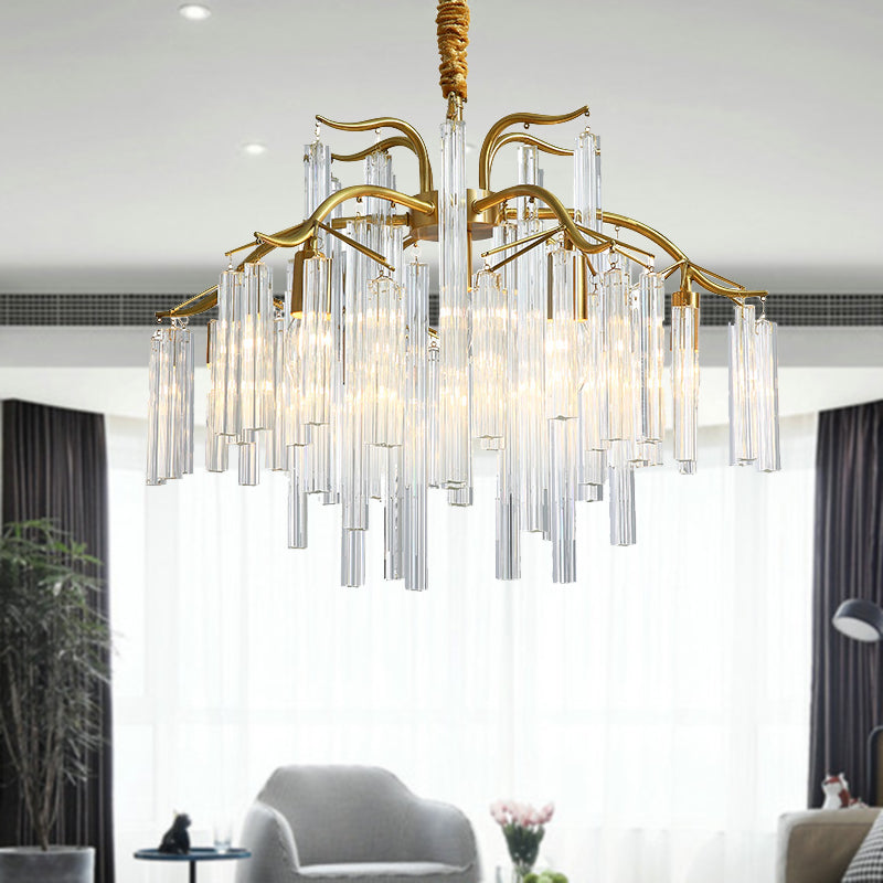 Tri-Sided Crystal Rod Chandelier - Elegant Gold Curved Arm Hanging Light Fixture 7 Heads Postmodern
