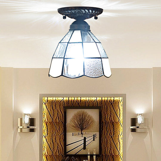 White Stained Glass Tiffany Semi Flush Mount Ceiling Light - 7 Inches Width Bedroom Lighting