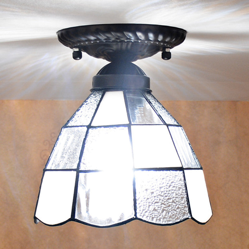 White Stained Glass Tiffany Semi Flush Mount Ceiling Light - 7 Inches Width Bedroom Lighting