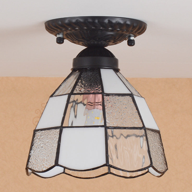 White Stained Glass Tiffany Semi Flush Mount Ceiling Light - 7 Inches Width Bedroom Lighting