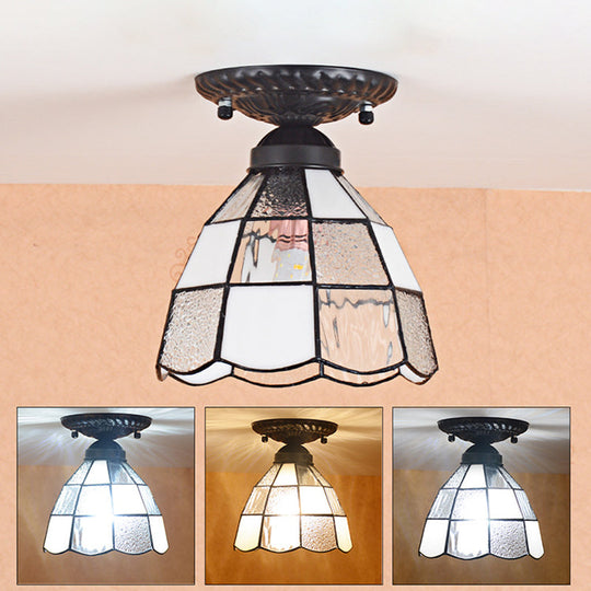 White Stained Glass Tiffany Semi Flush Mount Ceiling Light - 7 Inches Width Bedroom Lighting