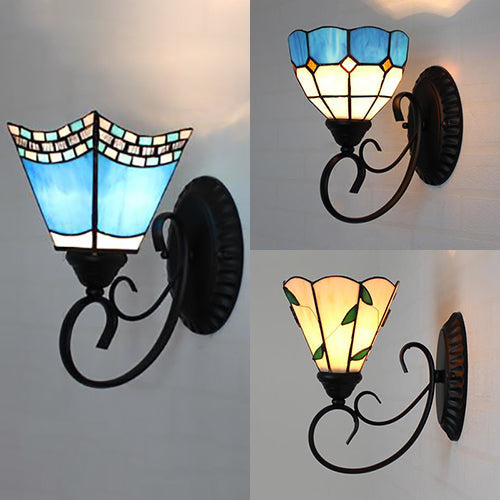 Scalloped Tiffany Stained Glass Wall Lamp - Multicolored Sky Blue/Beige/Blue-White 1 Head Fixture