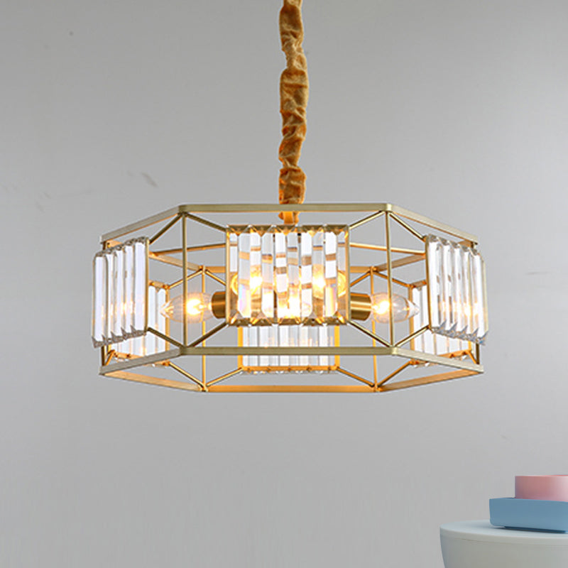 Modern Hexagon Metal Frame Hanging Light with Crystal Block - 3-Head Gold Ceiling Fixture