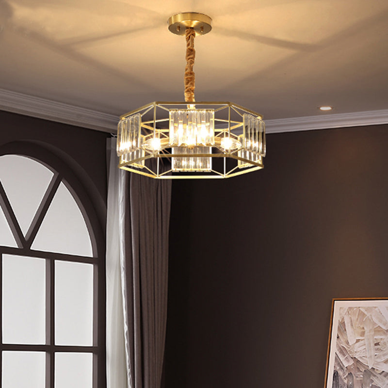 Modern Crystal Block Hanging Light With Hexagon Metal Frame - 3 Heads In Gold