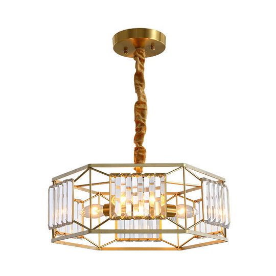 Modern Hexagon Metal Frame Hanging Light with Crystal Block - 3-Head Gold Ceiling Fixture