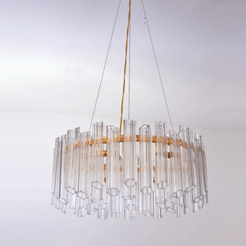 Modern Circular Chandelier: Ridged Clear Crystal, 8 Heads, Gold Hanging Light Fixture