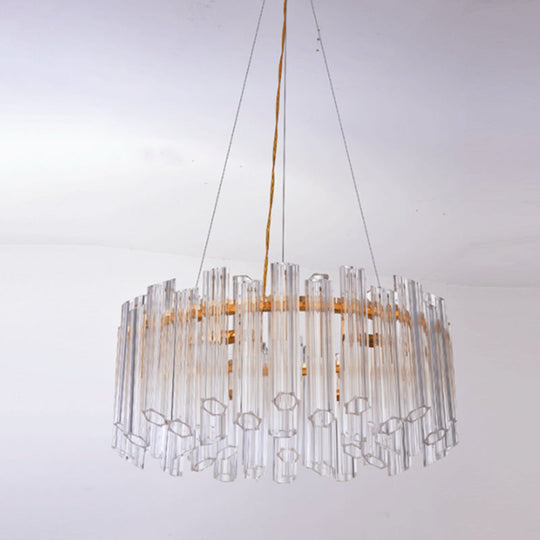 Modern Circular Chandelier: Ridged Clear Crystal, 8 Heads, Gold Hanging Light Fixture