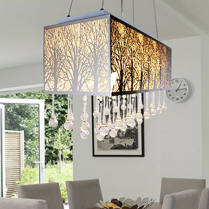 White Modern Island Light With 3 Waterdrop Crystal Heads And Forest Pattern