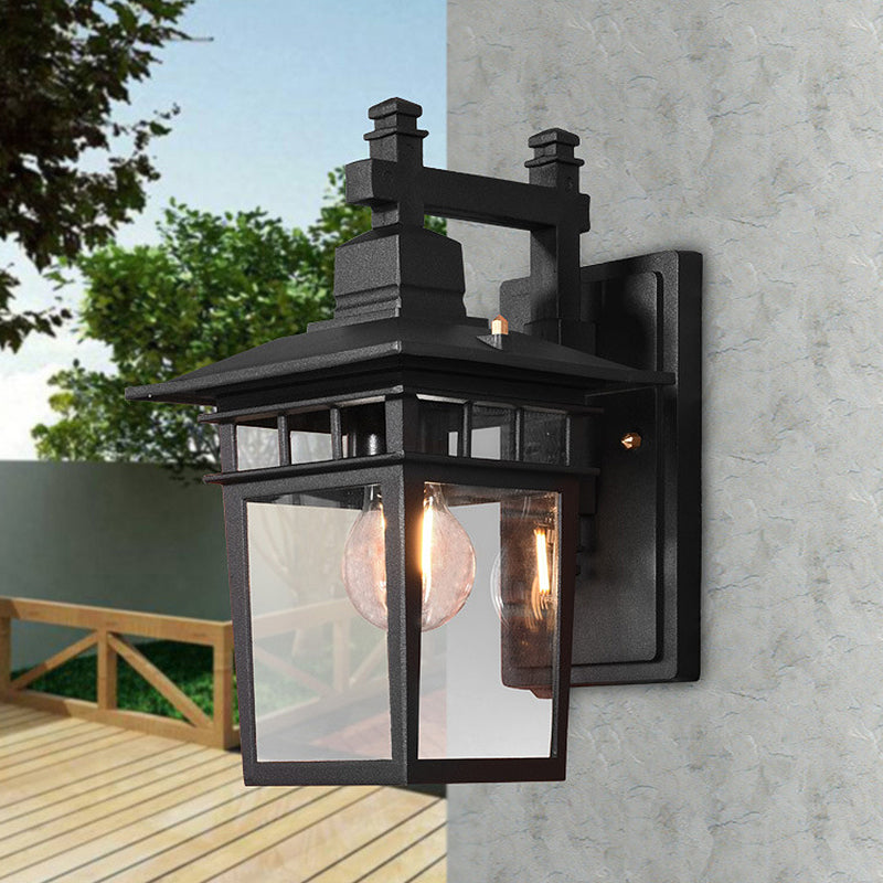 Black Industrial Lantern Wall Sconce - Clear Glass Hanging Light With Single Bulb For Porch / B