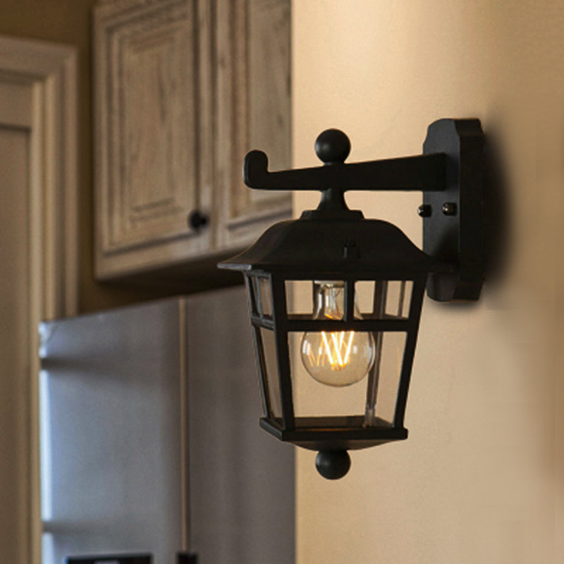 Black Industrial Lantern Wall Sconce - Clear Glass Hanging Light With Single Bulb For Porch / A