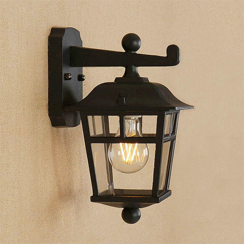 Black Industrial Lantern Wall Sconce - Clear Glass Hanging Light With Single Bulb For Porch