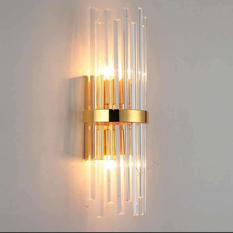 Modern Tri-Sided Crystal Rod Wall Light Fixture - Gold Sconce With Cylinder Design Dual Head